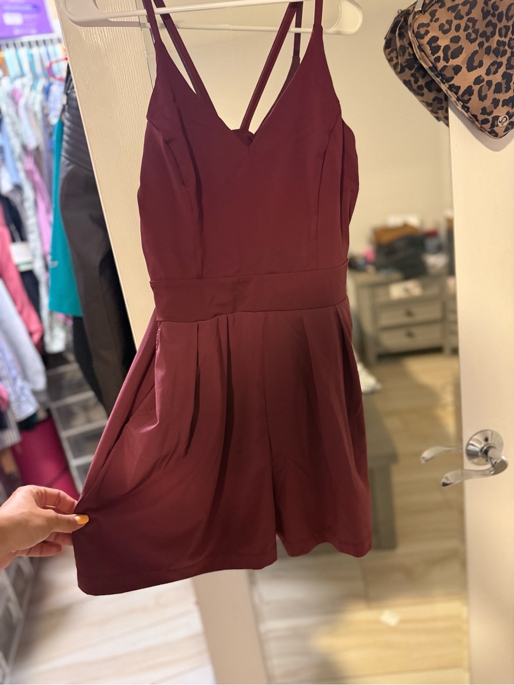 HALARA Burgundy Sleeveless V-Neck Romper